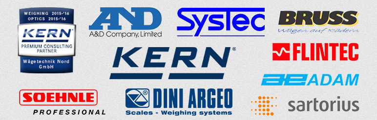 Das Bild zeigt verschiedene Logos von Waagen-Herstellern wie z.B. KERN, Sarturius, SOEHNLE, AND oder auch FLINTEC mit denen Wägetechnik Nord zusammenarbeitet bzw. diese vertreibt