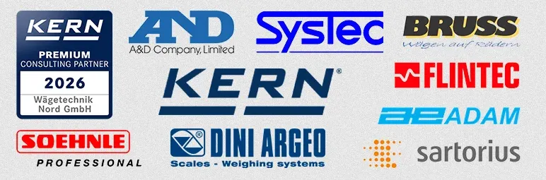 Das Bild zeigt verschiedene Logos von Waagen-Herstellern wie z.B. KERN, Sarturius, SOEHNLE, AND oder auch FLINTEC mit denen Wägetechnik Nord zusammenarbeitet bzw. diese vertreibt