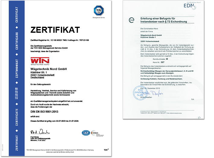 TÜV Zertifikat für den Geltungsbereich Herstellung, Vertrieb, Service und Kalibrierung von Wägesystemen und -Technik sowie Zubehör und Automatisierungstechnik sowie Schlosserei